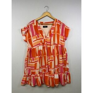 Boho Geometric Meritt Womens Medium Orange Pink Abstract V-Neck Babydoll Dress